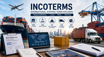 Mezinárodní přeprava nákladu s kontejnery, kamiony, loděmi a logistickými profesionály vysvětlujícími Incoterms pro globální obchod